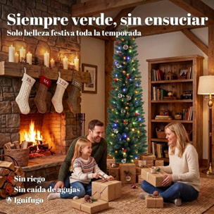 Árbol de Navidad Estrecho con 170 Luces LED Bicolor, 180 cm, Árbol de Navidad de Abeto, 351 Ramas Ignífugas, 11 Modos, 25 Piñas, 25 Bayas Rojas, Mando a Distancia, Estructura de Acero, Verde