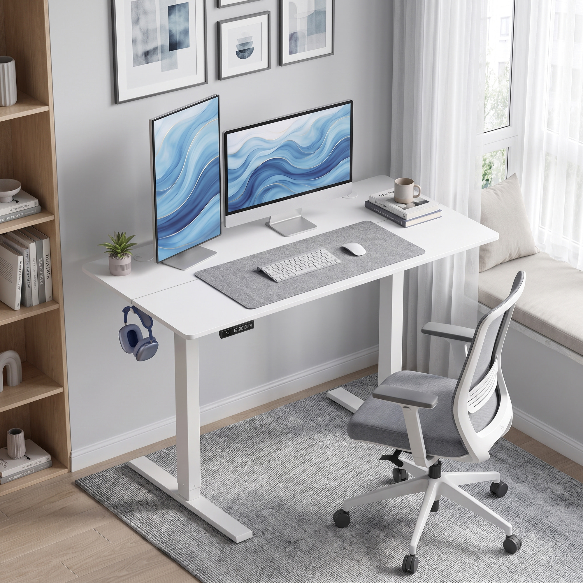 HOMCOM Escritorio Elevable 120x60 cm, Escritorio Eléctrico Regulable en Altura con 3 Alturas de Memoria, Pantalla LED, 2 Ganchos, 2 Pasacables, para Oficina en Casa, Estudio, Blanco
