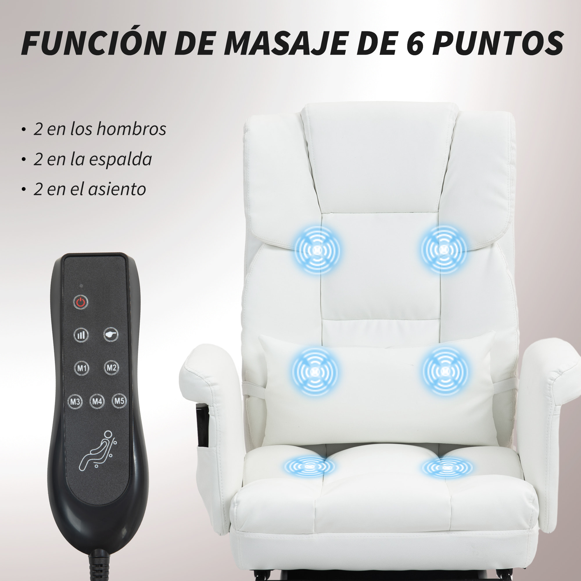 Silla de Oficina con 6 Puntos de Masaje Silla de Masaje Giratoria Silla de Escritorio con Reposapiés Retráctil Altura Ajustable Control Remoto y Soporte Lumbar Tejido de PU Blanco