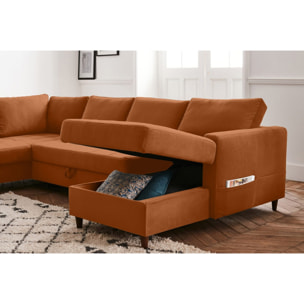 Anna - canapé panoramique d'angle gauche - 7 places - convertible avec coffre - en velours - Rouille