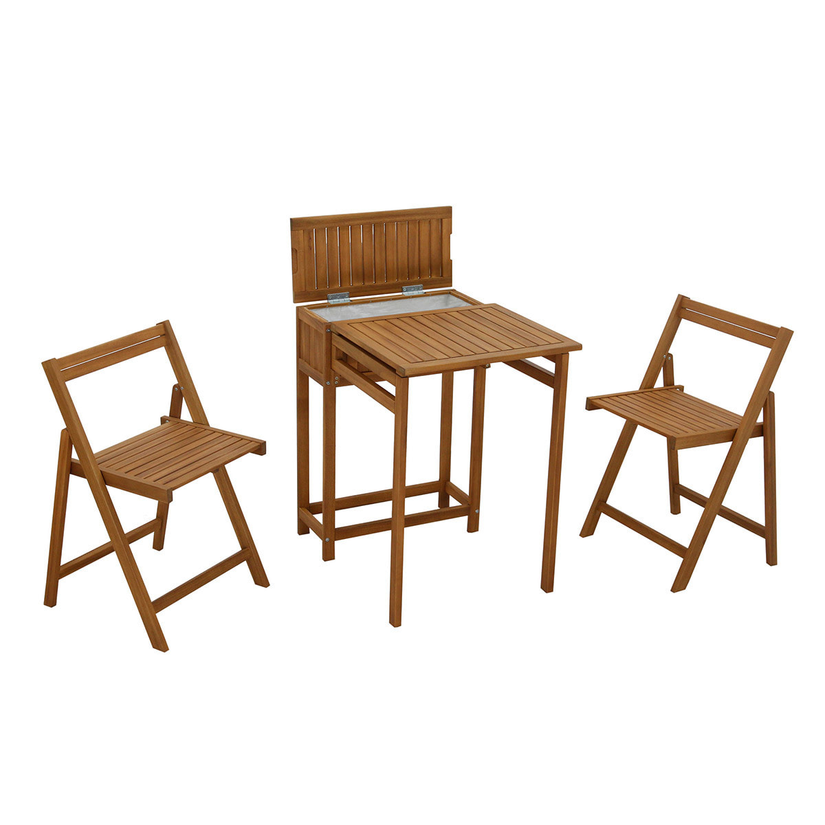 Set de 2 chaises pliantes et 1 table de balcon rabattable avec rangement en bois massif PRADO