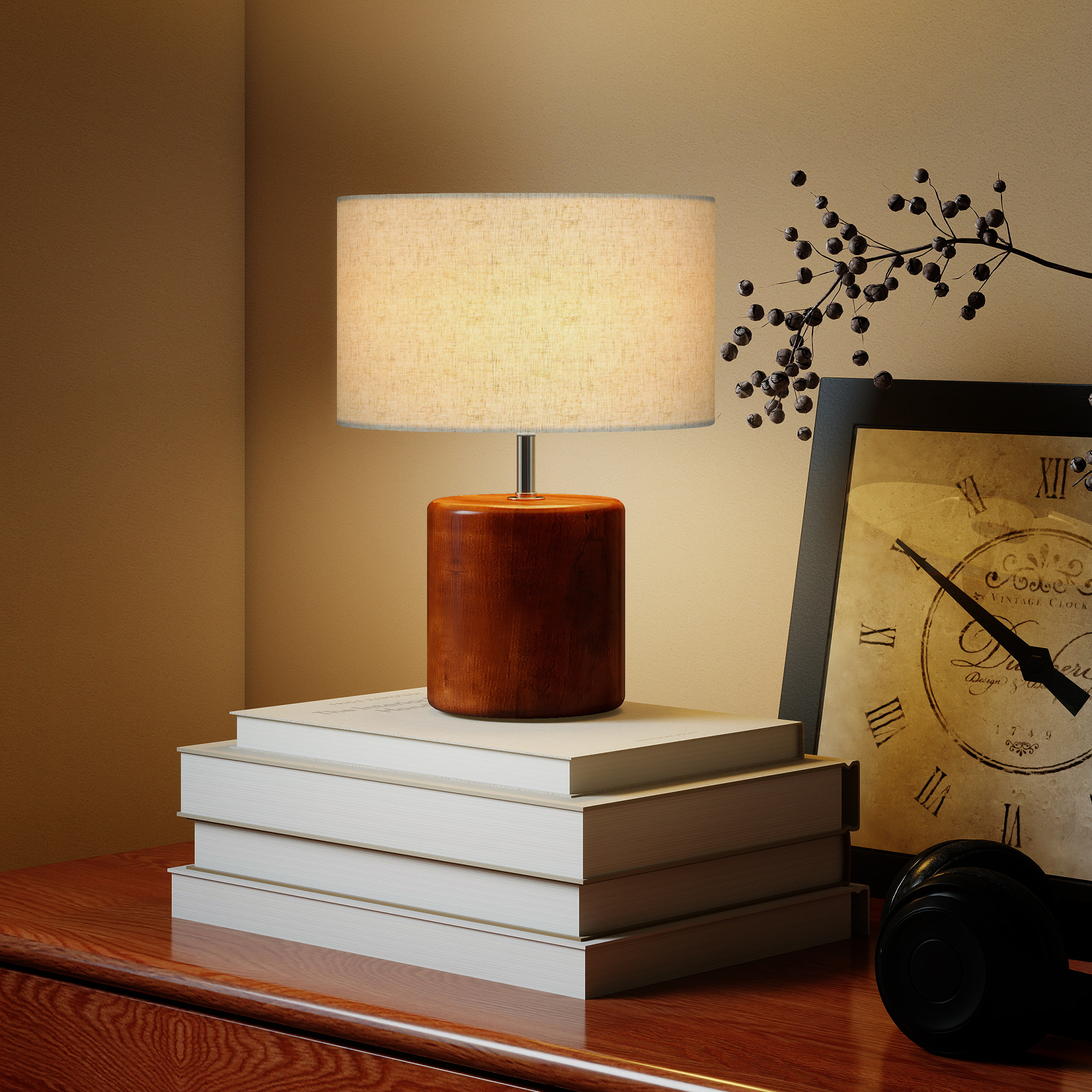 Lámpara de Mesa Rústica, Lámpara de Mesita de Noche con Base de Madera, Pantalla de Lino, Interruptor Basculante, para Dormitorio, Salón, E27, 40W, Marrón Oscuro