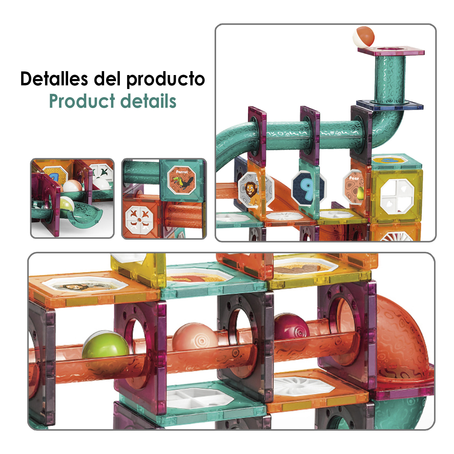 Gioco della corsa al marmo. Parti magnetiche trasparenti, blocchi da costruzione. 112 pezzi.