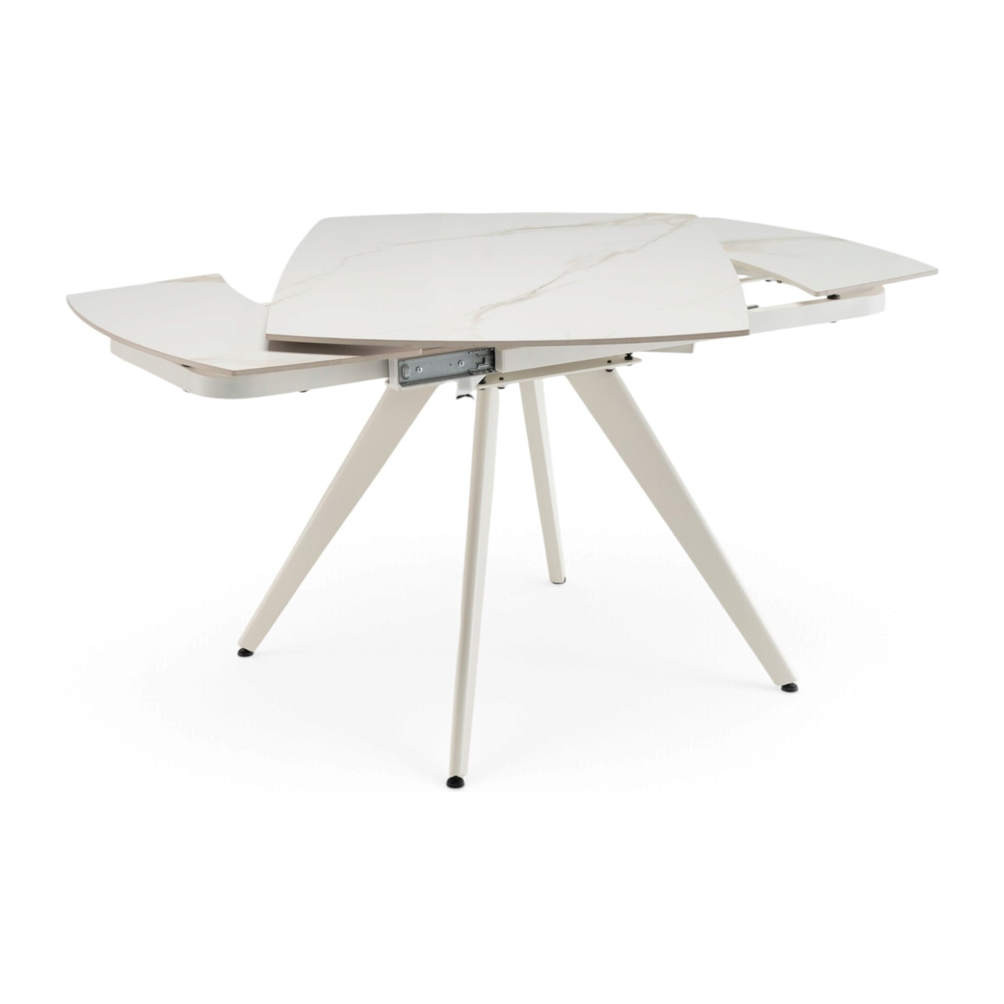Tavolo allungabile LAVEZZI in ceramica, finitura calacatta oro lucida e gambe in metallo bianche - 120×80x78 – 180×80x75 cm