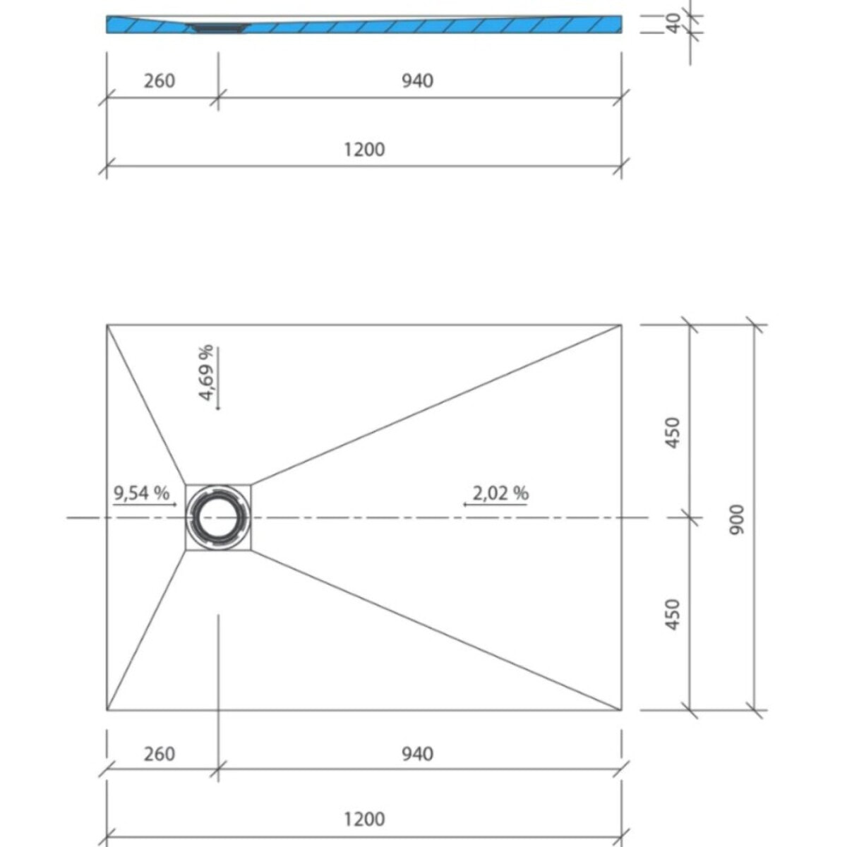 Receveur de douche à carreler 120 x 90 WEDI Fundo Primo écoulement excentré + bonde horizontale + kit d'étanchéité + colle 320