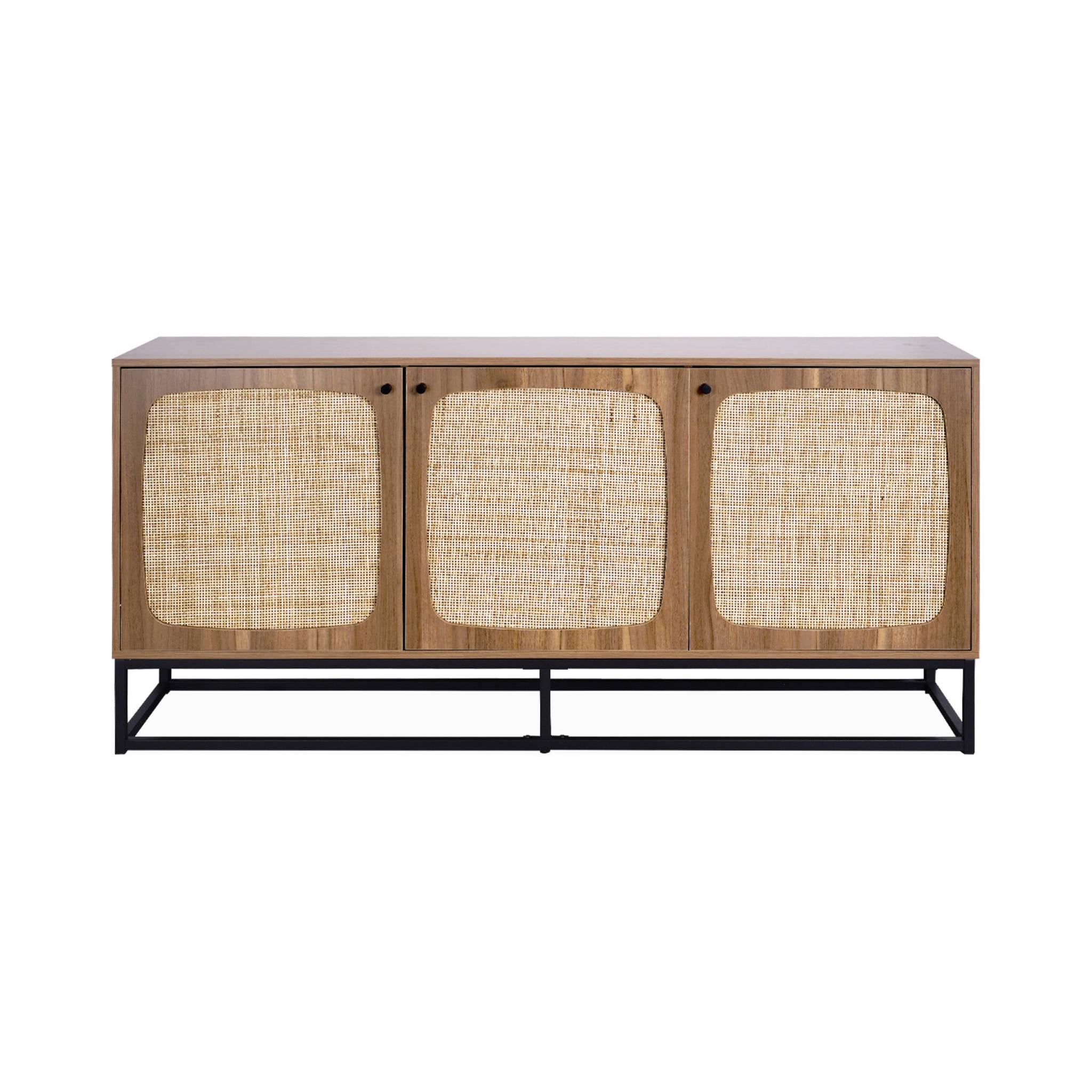 Buffet en décor bois et cannage arrondi. piètement et poignées en métal noir - 3 portes 160cm. buffet bas
