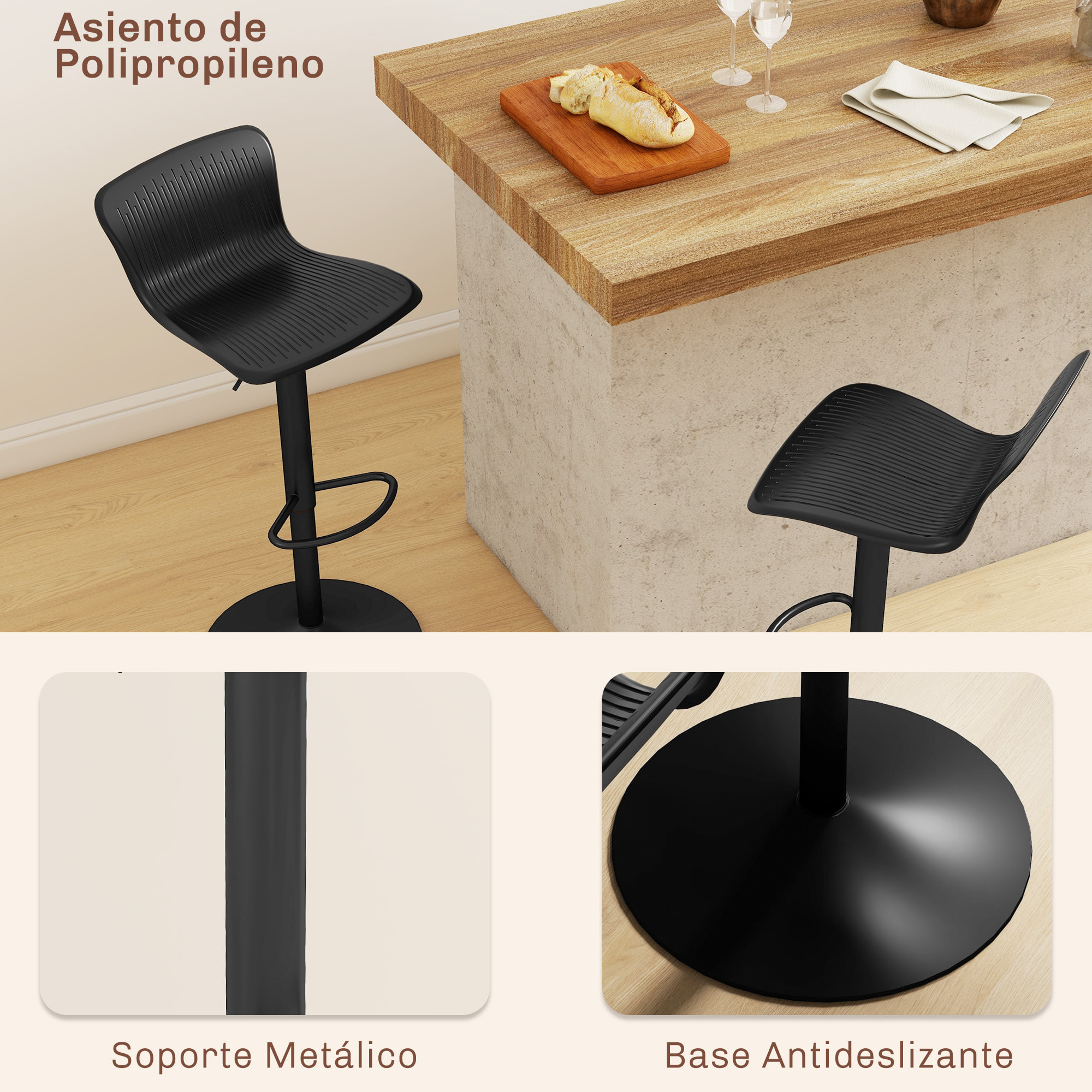 Conjunto de 2 Taburetes Altos de Cocina Sillas Altas de Cocina Giratorias con Respaldo y Altura Ajustable Carga 120 kg para Bar Salón Comedor Negro