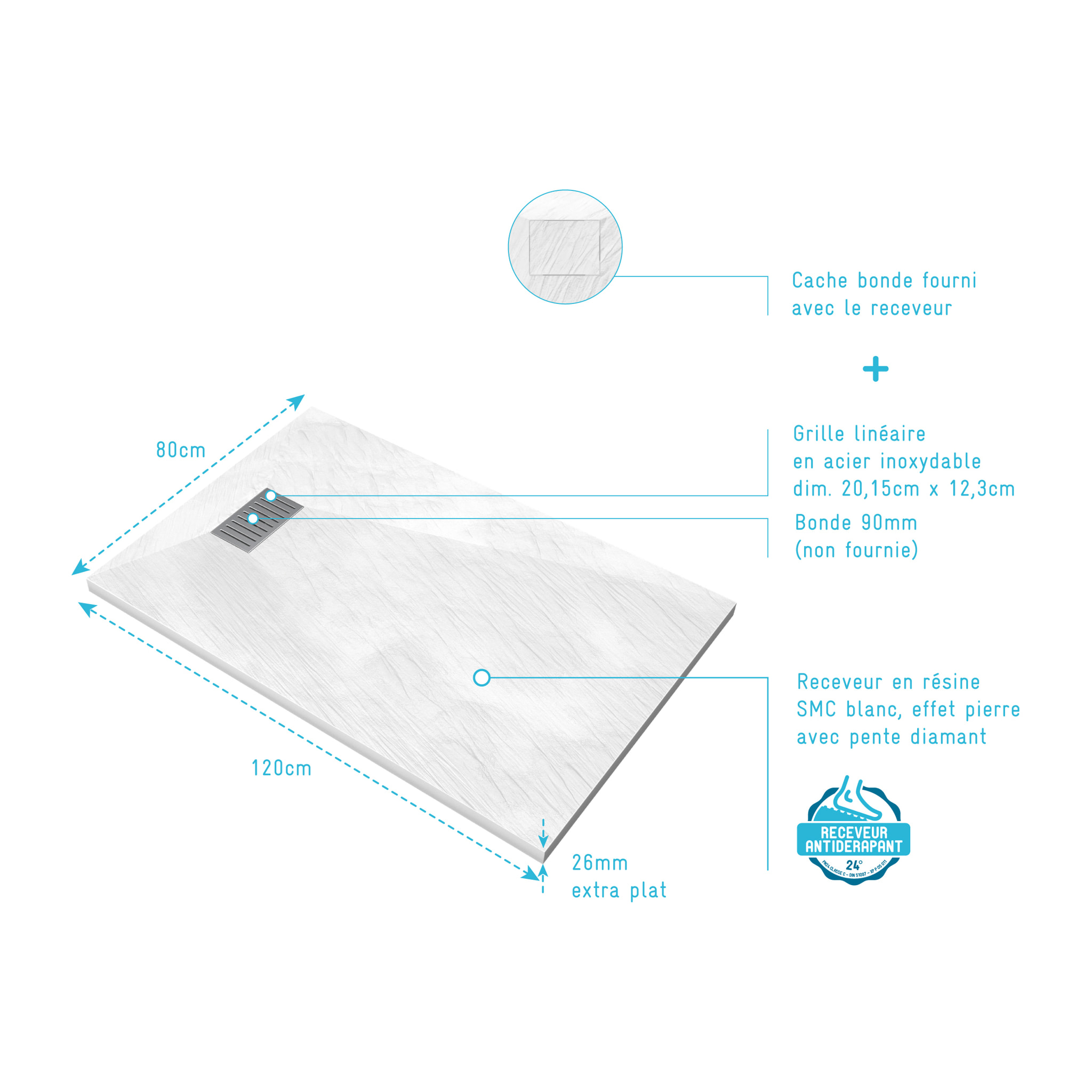 Receveur de douche Blanc Effet Pierre 80x120 cm et Grille décor Linéaire en Inox