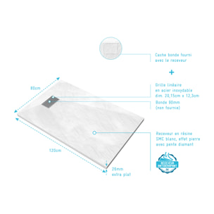Receveur de douche Blanc Effet Pierre 80x120 cm et Grille décor Linéaire en Inox