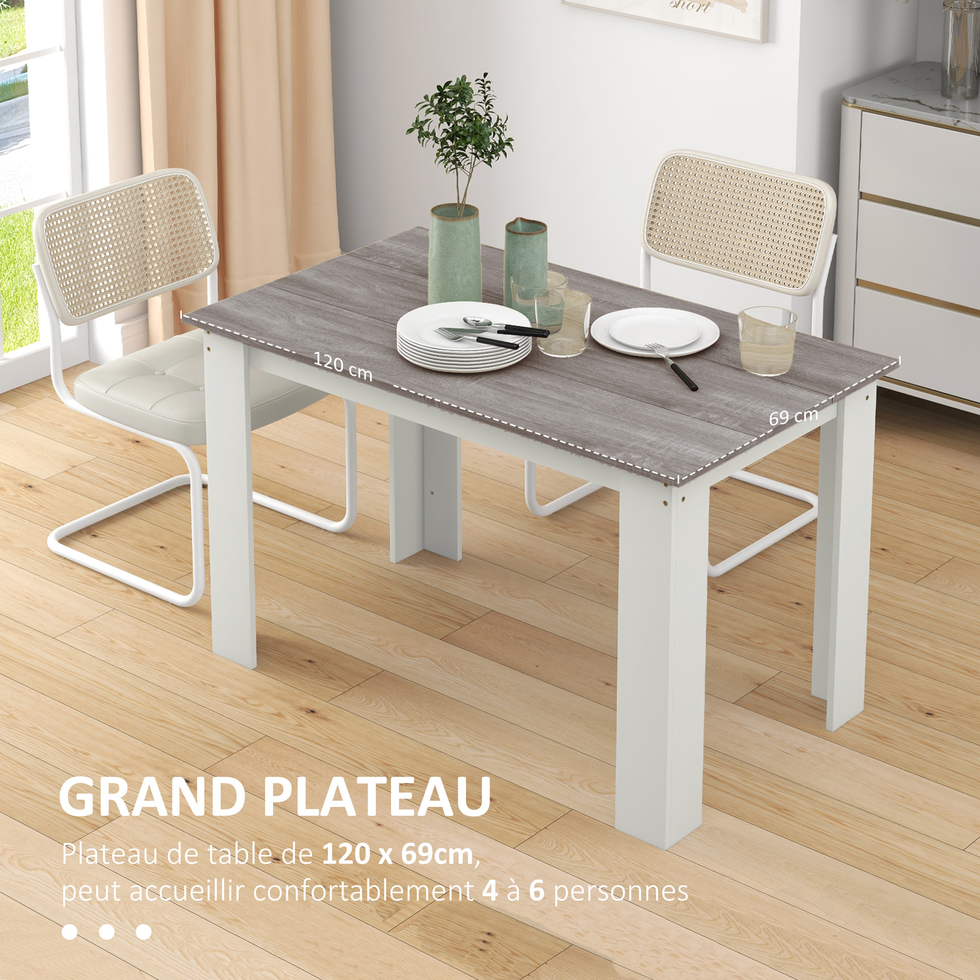 Table à manger grand plateau 4-6 personnes - dim. 120L x 69l x 75H cm - aspect bois gris blanc