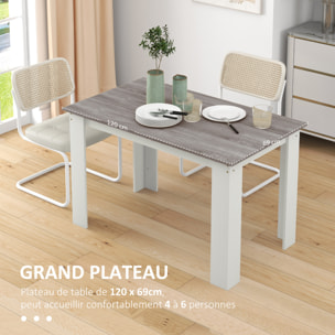 Table à manger grand plateau 4-6 personnes - dim. 120L x 69l x 75H cm - aspect bois gris blanc