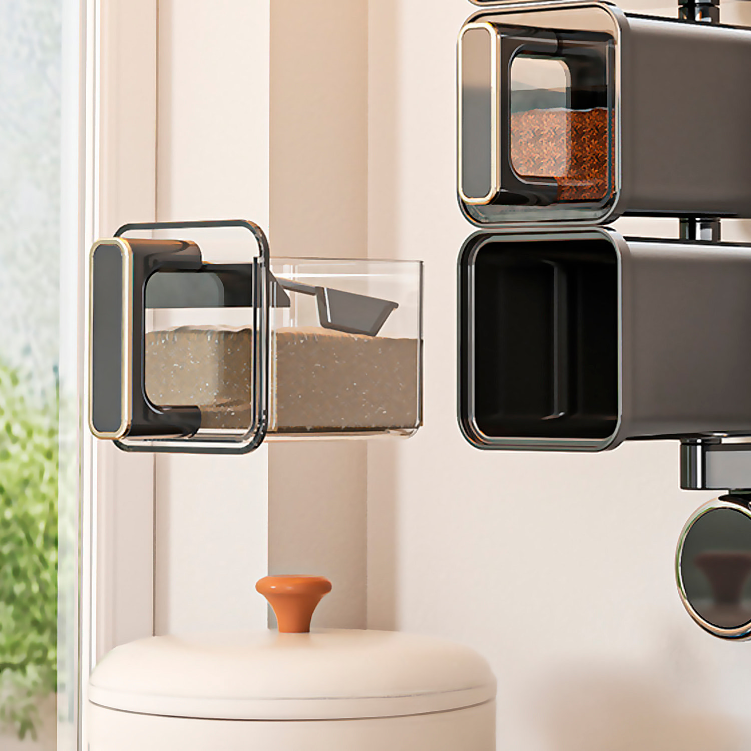 Organizzatore trasparente per spezie da cucina da parete con ventose, maniglie ergonomiche con corpo rotante a 180°, 2 scomparti