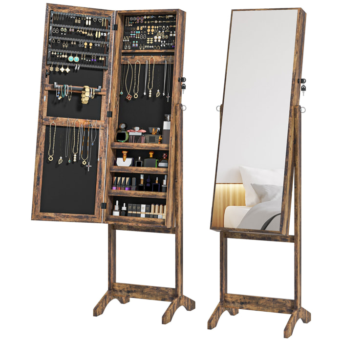 Espejo Joyero de Pie Armario de Joyería con 3 Ángulos Ajustables Cerradura Magnética Organizador de Joyas con Estantes Ranuras para Pendientes Anillos Collares 46x36,5x151,5 cm Marrón Rústico