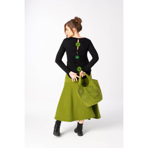 Mamatayoe Modelin. Falda Midi de Mujer de Color Verde para Otoño Invierno. Falda Acampanada a Media Pierna con Bordado y Cinturilla Elástica de Algodón.