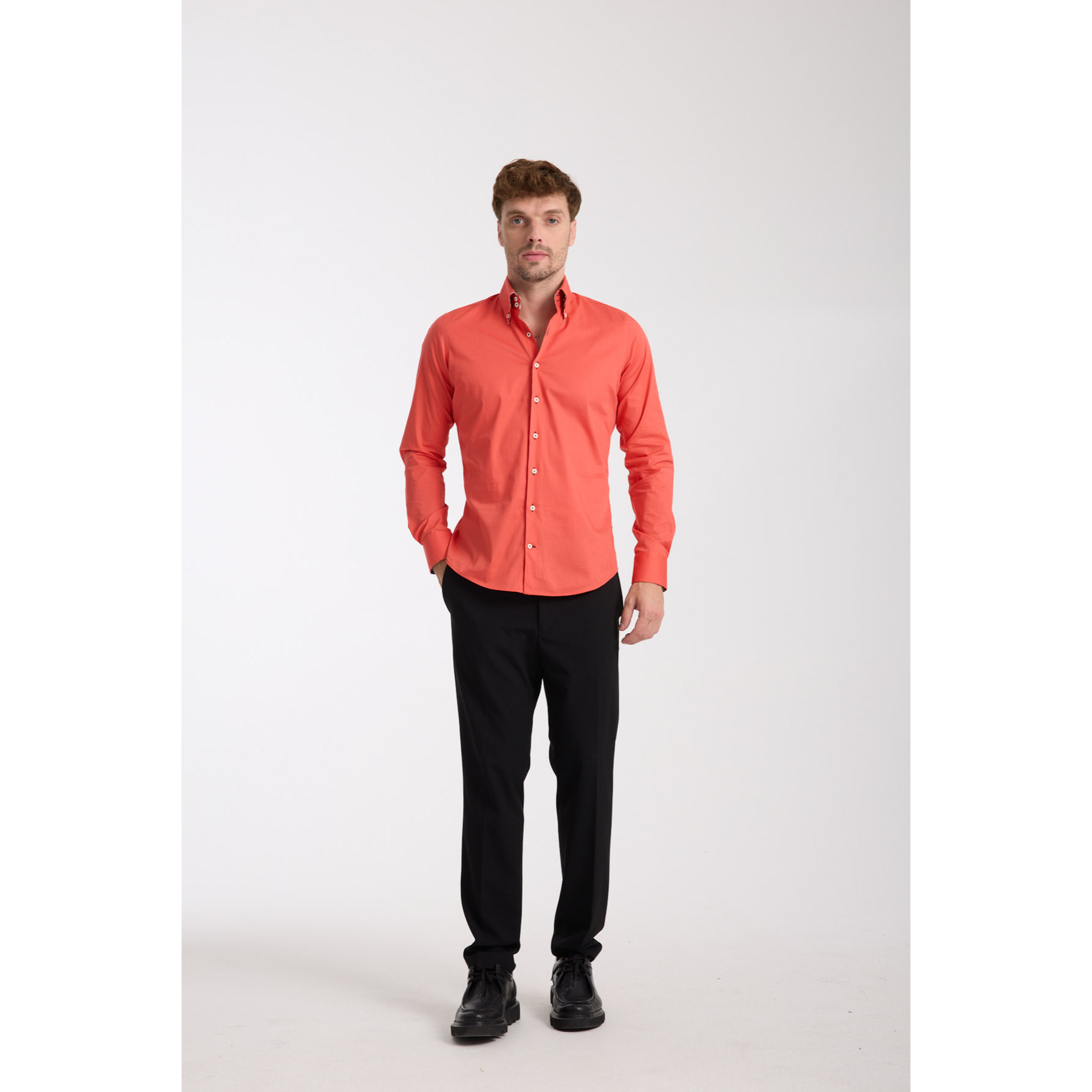 Camicia Uomo 2 Bottoni Button Down Slim Popeline Stretch Unito Corallo