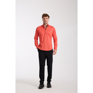 Camicia Uomo 2 Bottoni Button Down Slim Popeline Stretch Unito Corallo