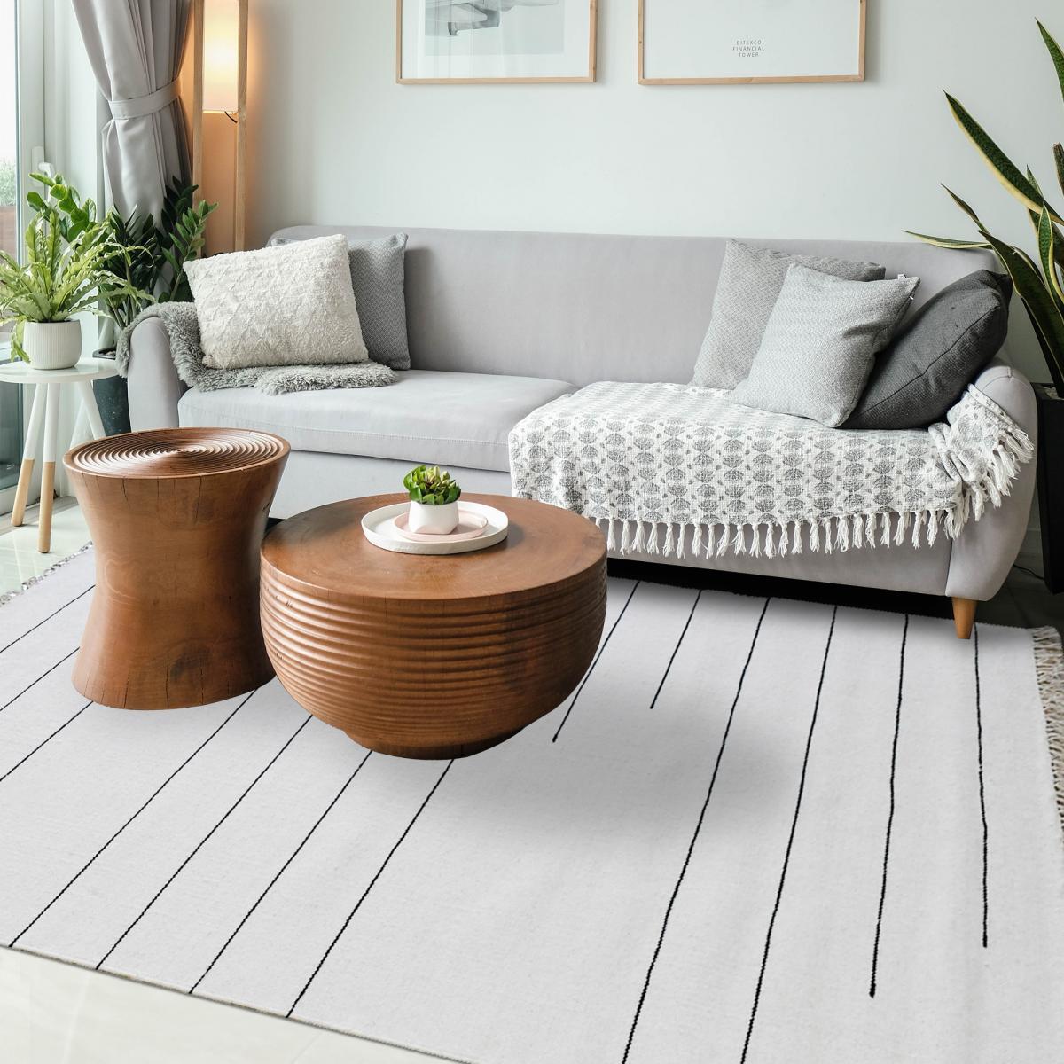 Tapis Kilim tissé à la main en laine blanc et noir motif ligne