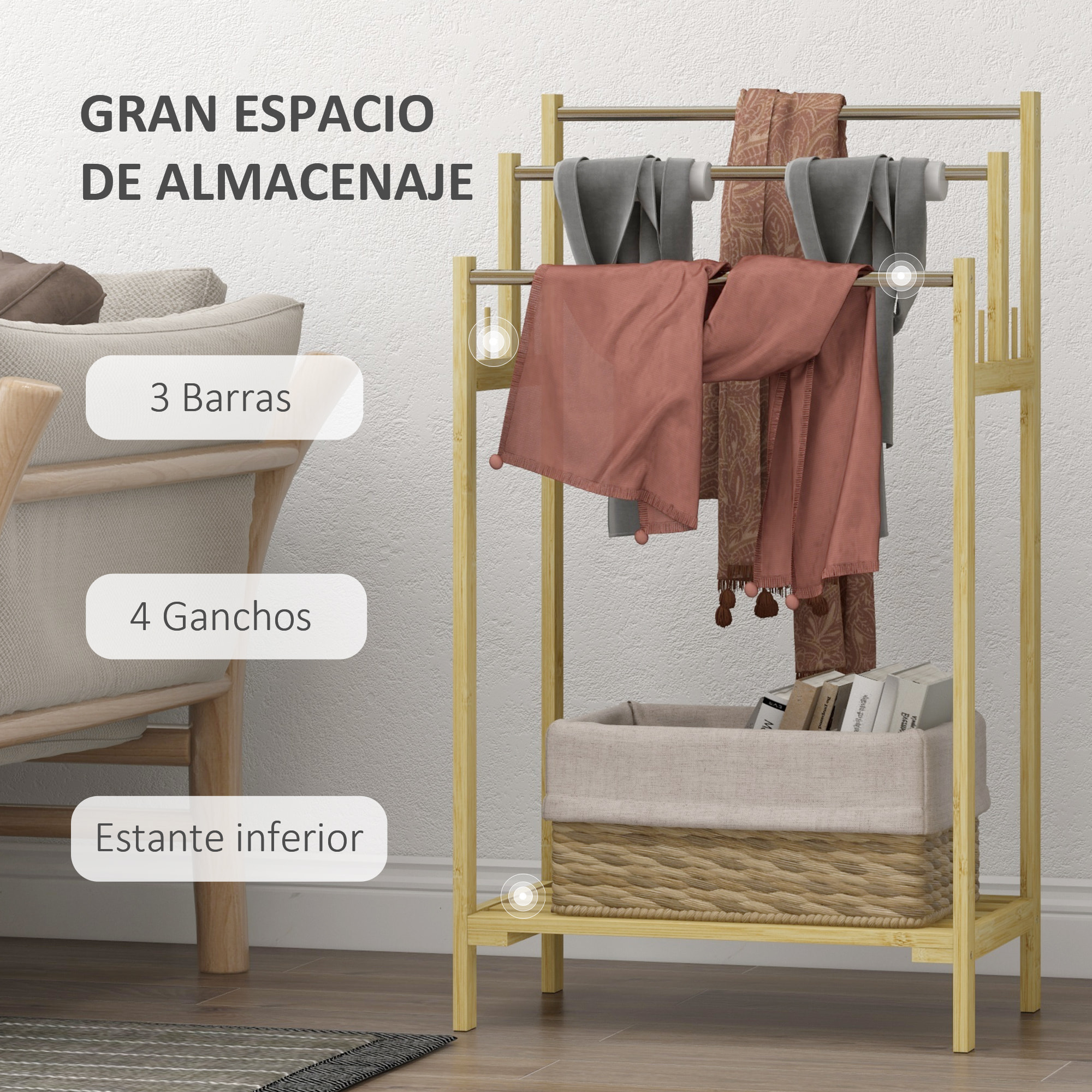 Toallero de Pie de Bambú, Toallero Escalera de Baño con 3 Barras de Acero Inoxidable, Estante Abierto, 4 Ganchos, Estilo Moderno, 50,5x31x90 cm, Natural