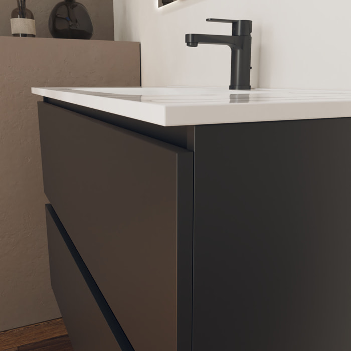 Conjunto de Baño Kaji | Mueble de Baño Suspendido | 100 cm Negro| Dos Cajones | Lavabo Encastrado | No incluye Espejo | Alday