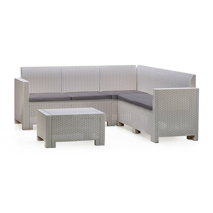 Set salotto da esterno Eris, Set da giardino con cuscini, Salottino indoor e outdoor effetto rattan, 100% Made in Italy, Bianco