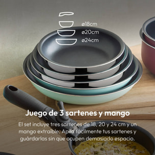 juego de 3 sartenes ø18ø20ø24cm acero inoxidable + mango extraíble negro