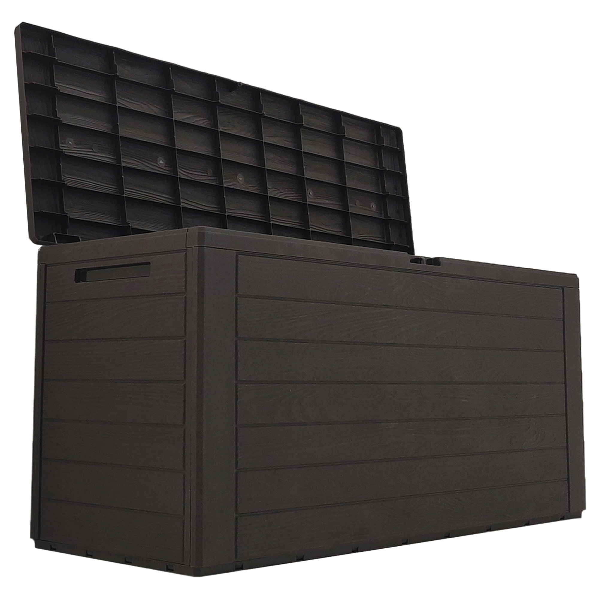 Baul de jardin 280 litros Prosperplast Woodebox de plastico en color ocre oscuro 116 x 43,8 x 55 cm