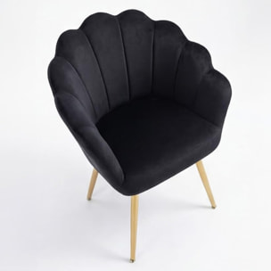 Poltrona in velluto design a conchiglia elegante e moderna, seduta imbottita confortevole con base in legno e gambe in metallo dorato, poltroncina versatile per soggiorno, camera o ufficio, stabile e resistente fino a 100 kg, stile raffinato e decorativo