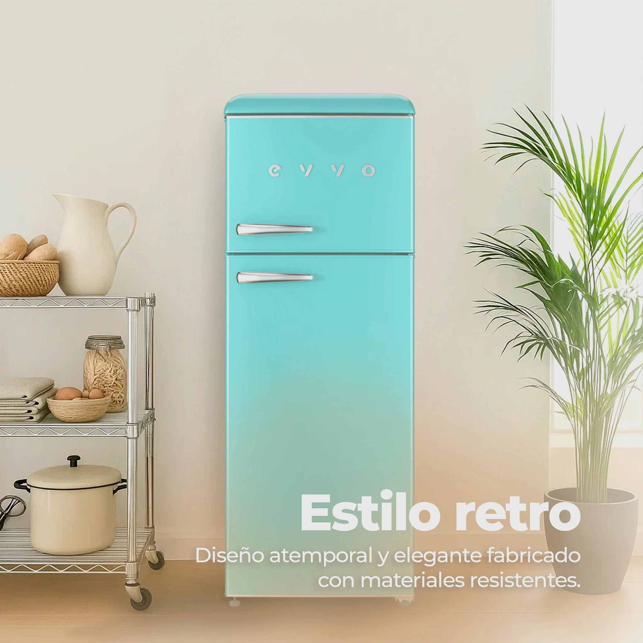 EVVO Frigorífico 2 puertas F45 Retro Azul pastel, 170 L + 45 L, diseño vintage, Crisper Zone, libre de CFC, silencioso