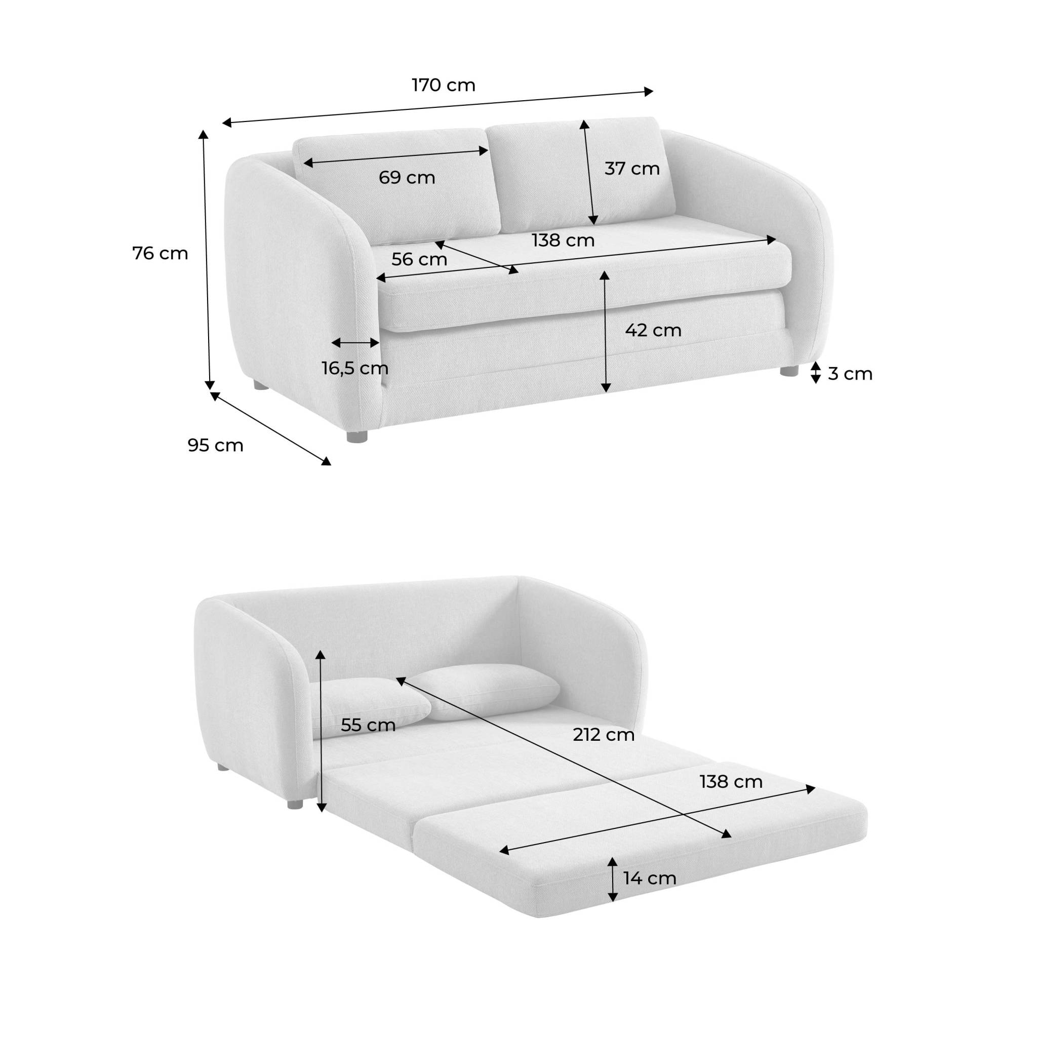 Canapé convertible 2 places tissu chenille blanc - L 170 x P 95 x H 76cm - Twist