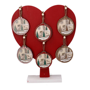 Espositore a forma di cuore in legno con 12 addobbi renna cm29x6,5h35