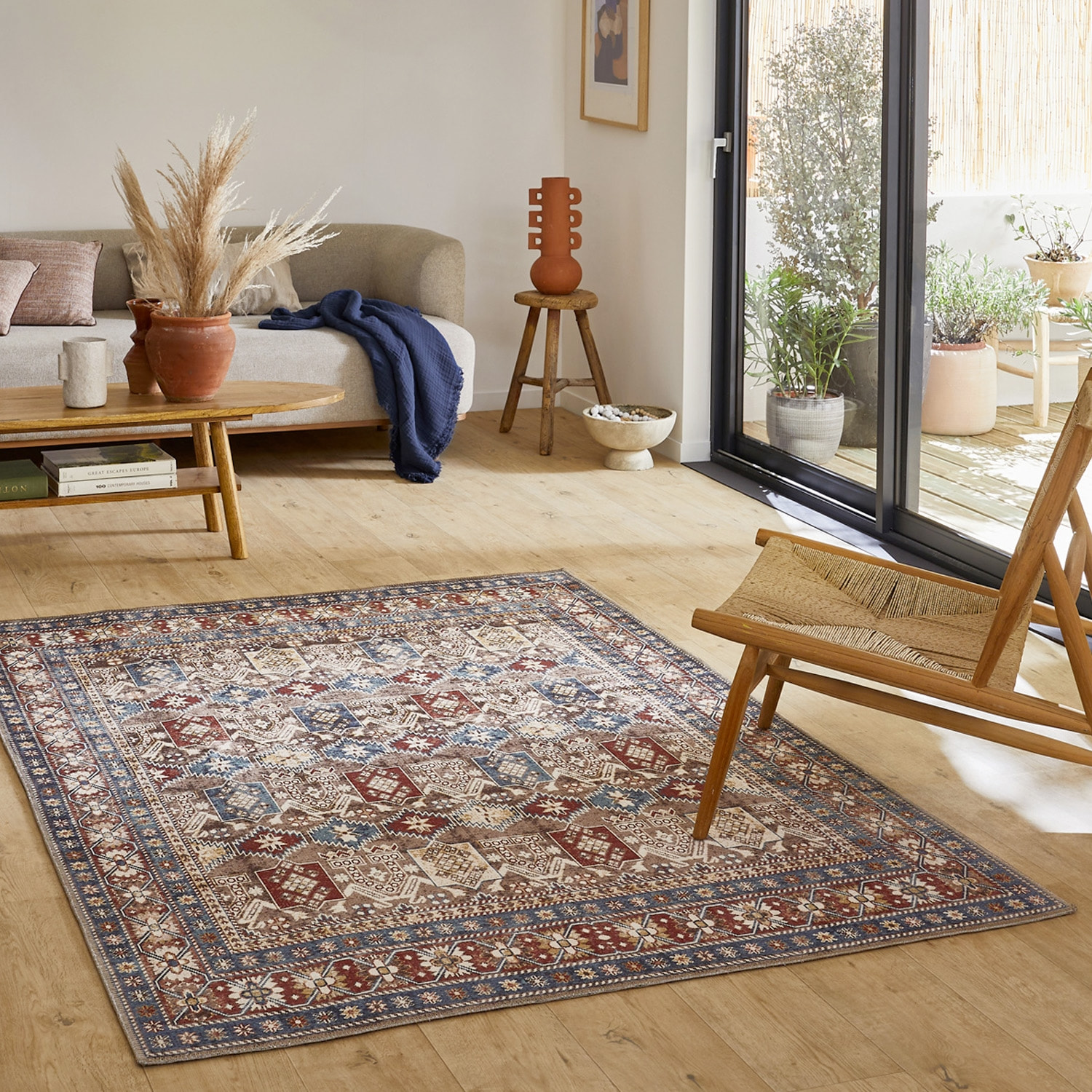 Tapis intérieur motif oriental / persan rouge. marron et bleu 200 x 290 cm - Tomo