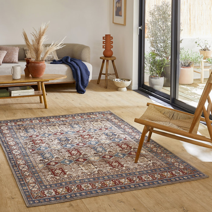 Tapis intérieur motif oriental / persan rouge. marron et bleu 200 x 290 cm - Tomo