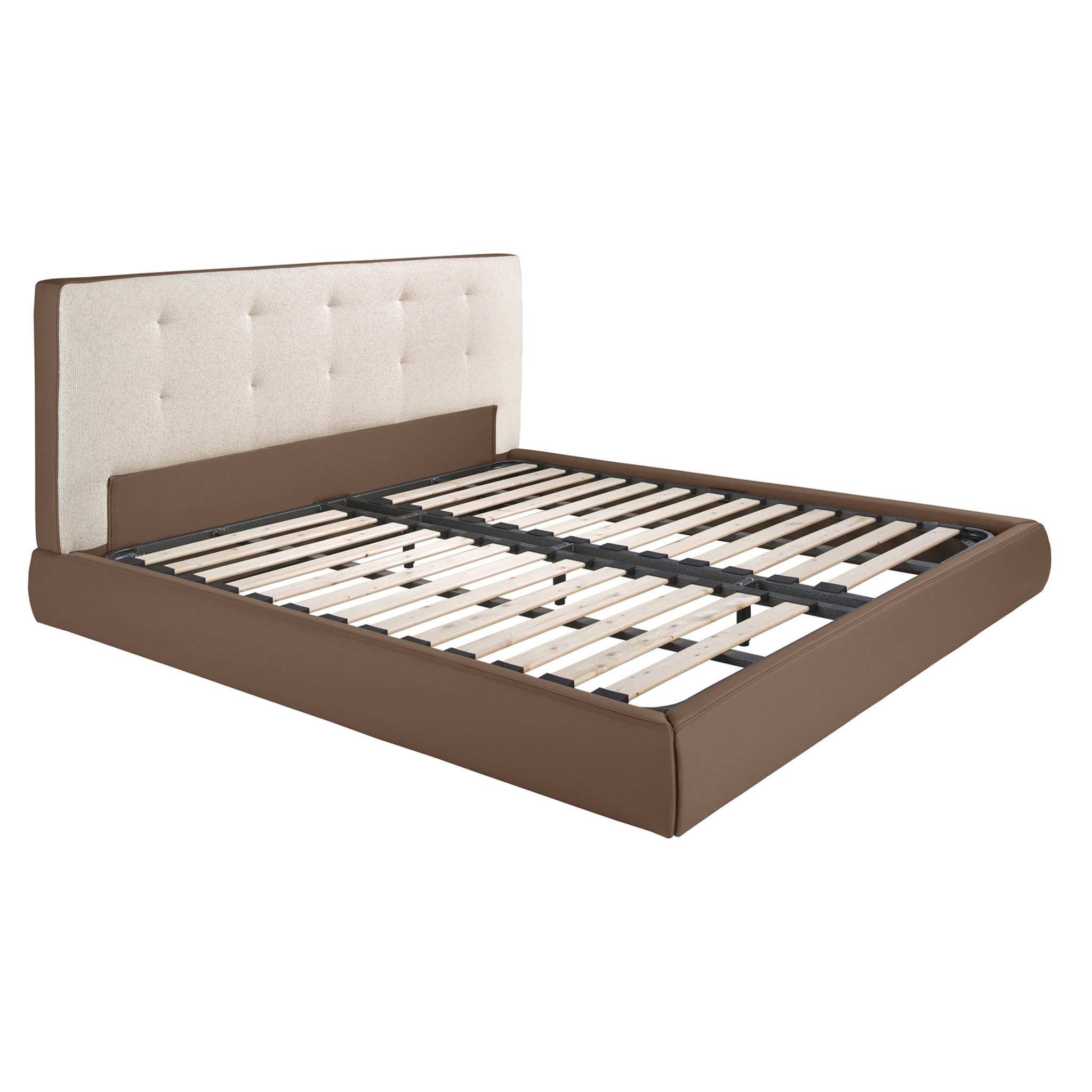 Cama Angel Cerdá capitoné de matrimonio con cabecero en tela en blanco roto y estructura de polipiel en marrón y patas de acero inoxidable en negro 199x224x98cm