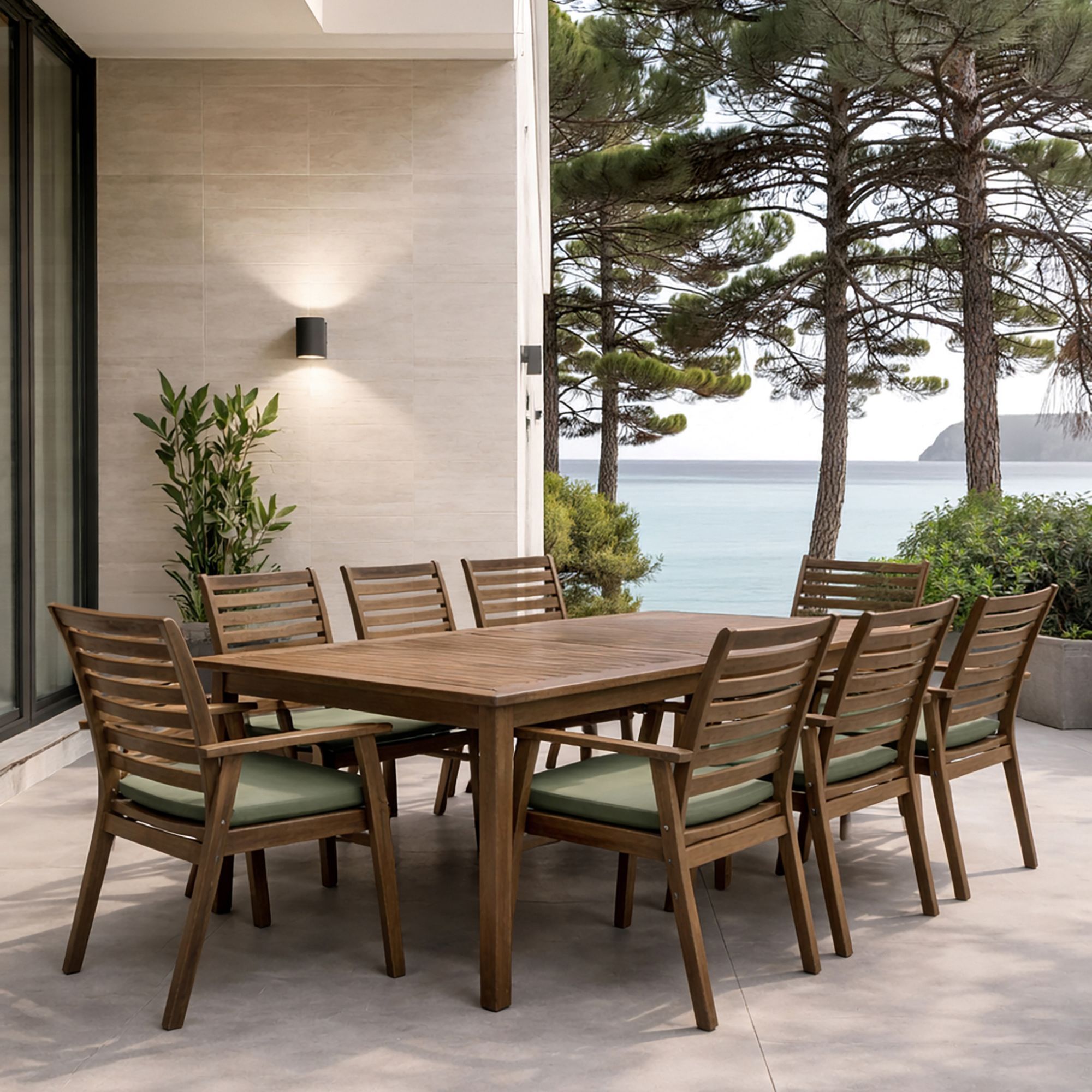 Ensemble table et 8 chaises de jardin en bois d'acacia et coussin vert PALAU