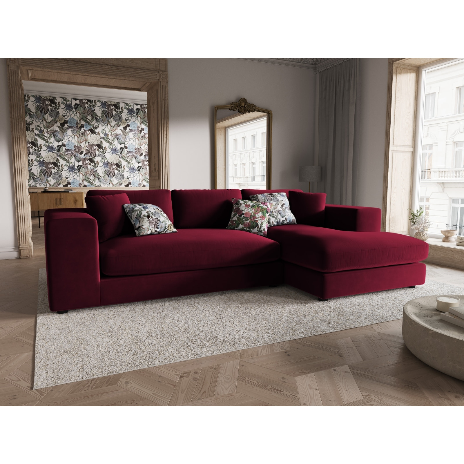 Canapé d'angle droit "Tendance" 5 places en velours rouge