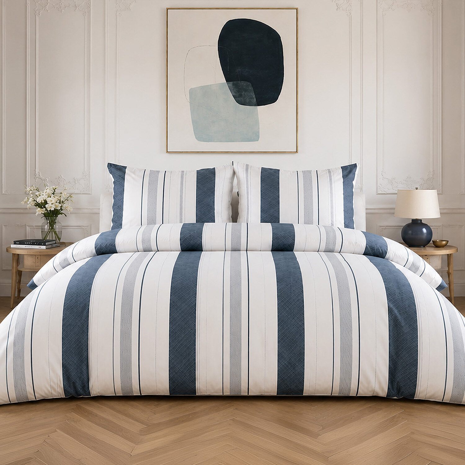 Parure housse de couette 100% percale de coton rayures verticales larges et fines - SIROUND