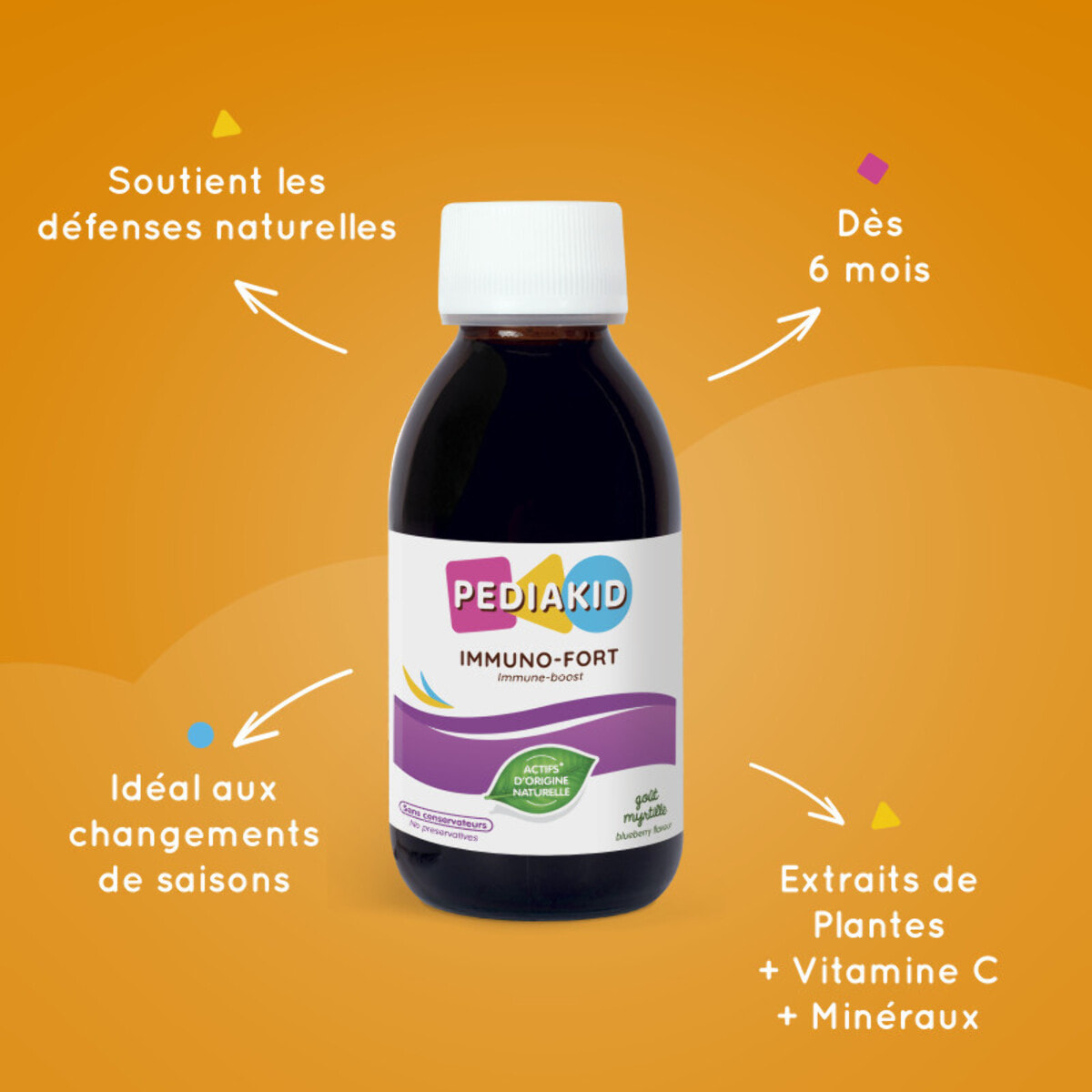 PEDIAKID - Sirop Immuno-Fort - Complément Alimentaire Naturel - Formule Exclusive au Sirop d'Agave - Aide à Soutenir les Défenses Naturelles de l'Organisme - Goût Myrtille - Lot de 3 flacons