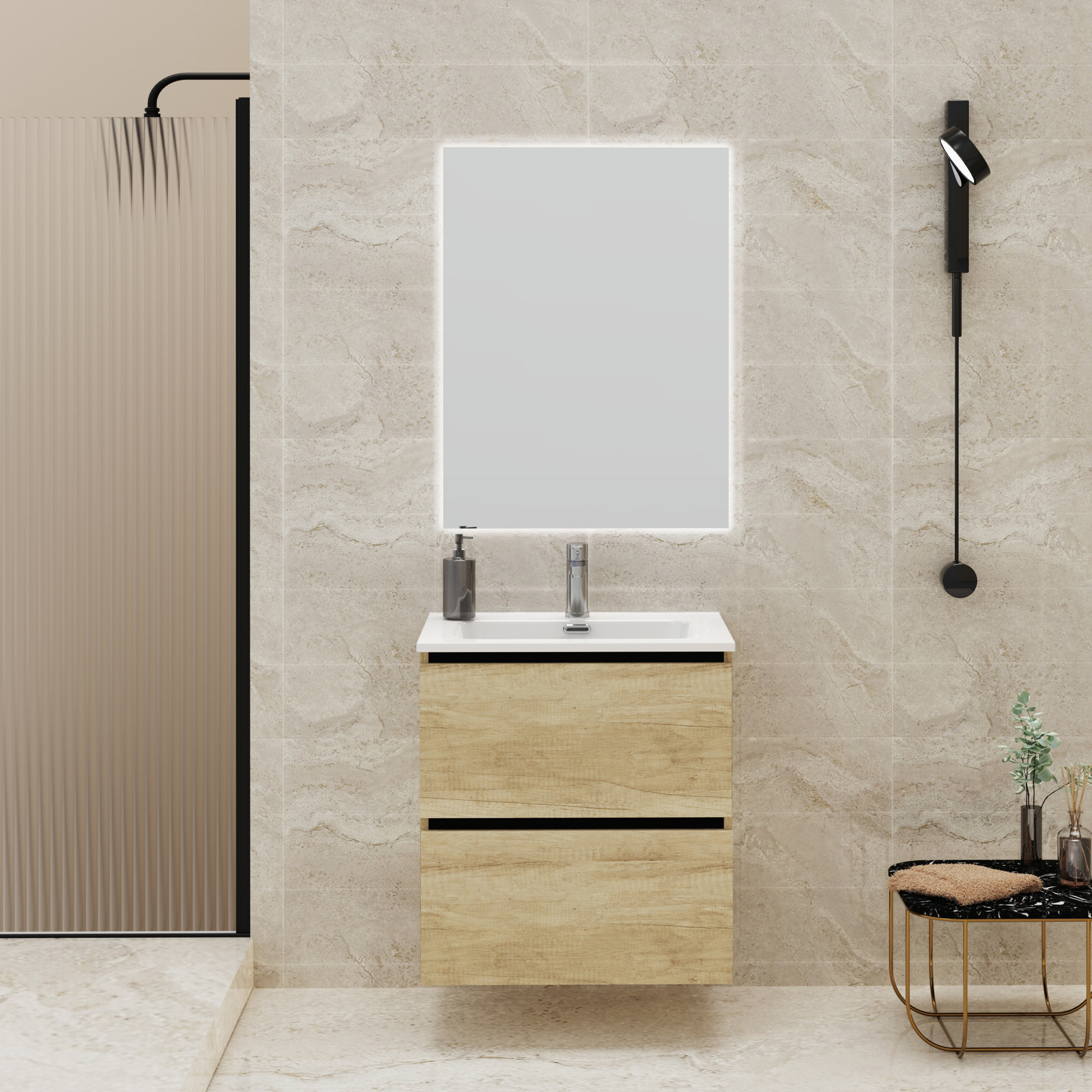 CONJUNTO DE BAÑO GLOOM | MUEBLE DE BAÑO SUSPENDIDO | 60 CM NATURE| DOS CAJONES | LAVABO ENCASTRADO | MUEBLE MONTADO | ALDAY