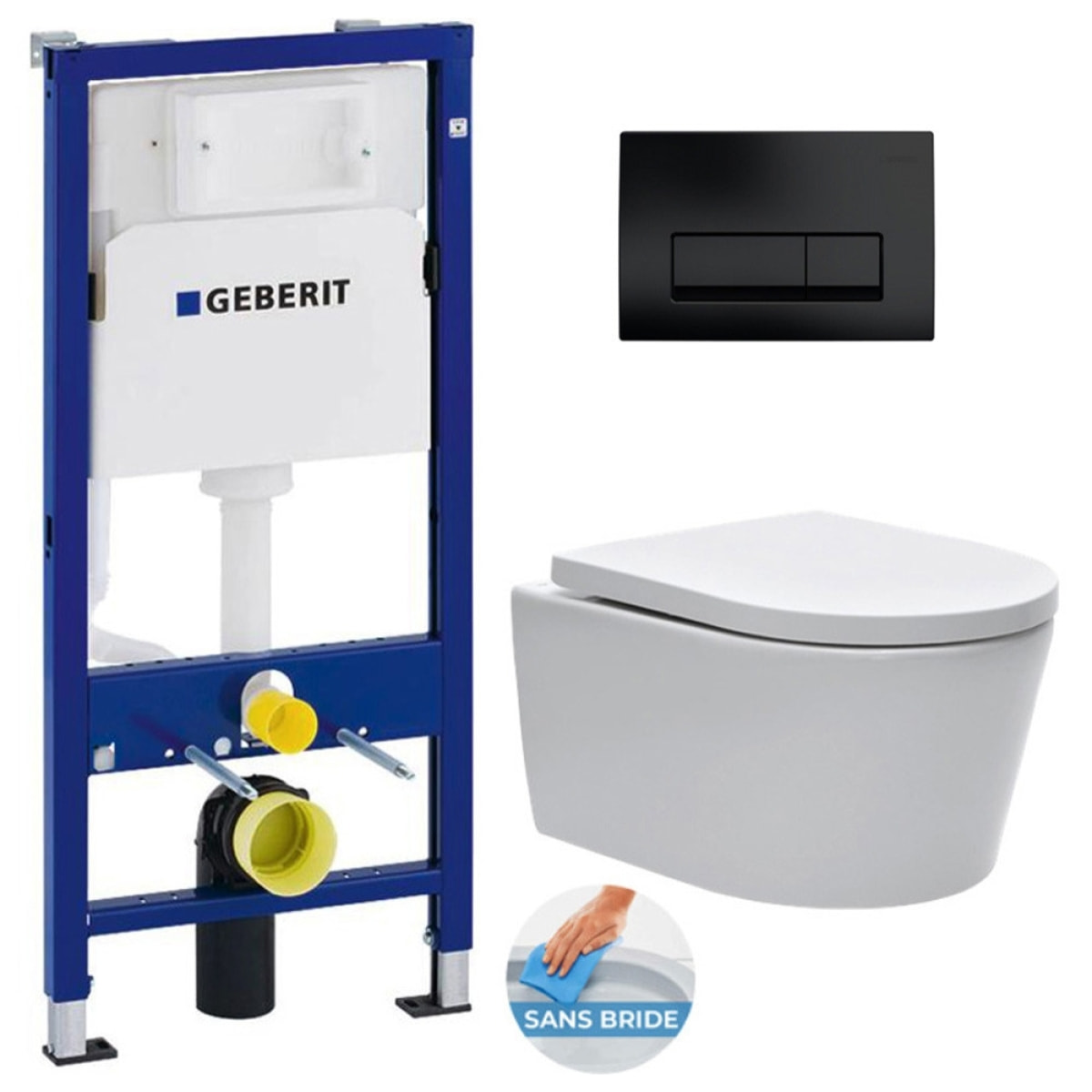 Pack WC sans bride SAT, fixations invisibles + Abattant softclose + Bâti support Geberit UP100 + Plaque Noir mat