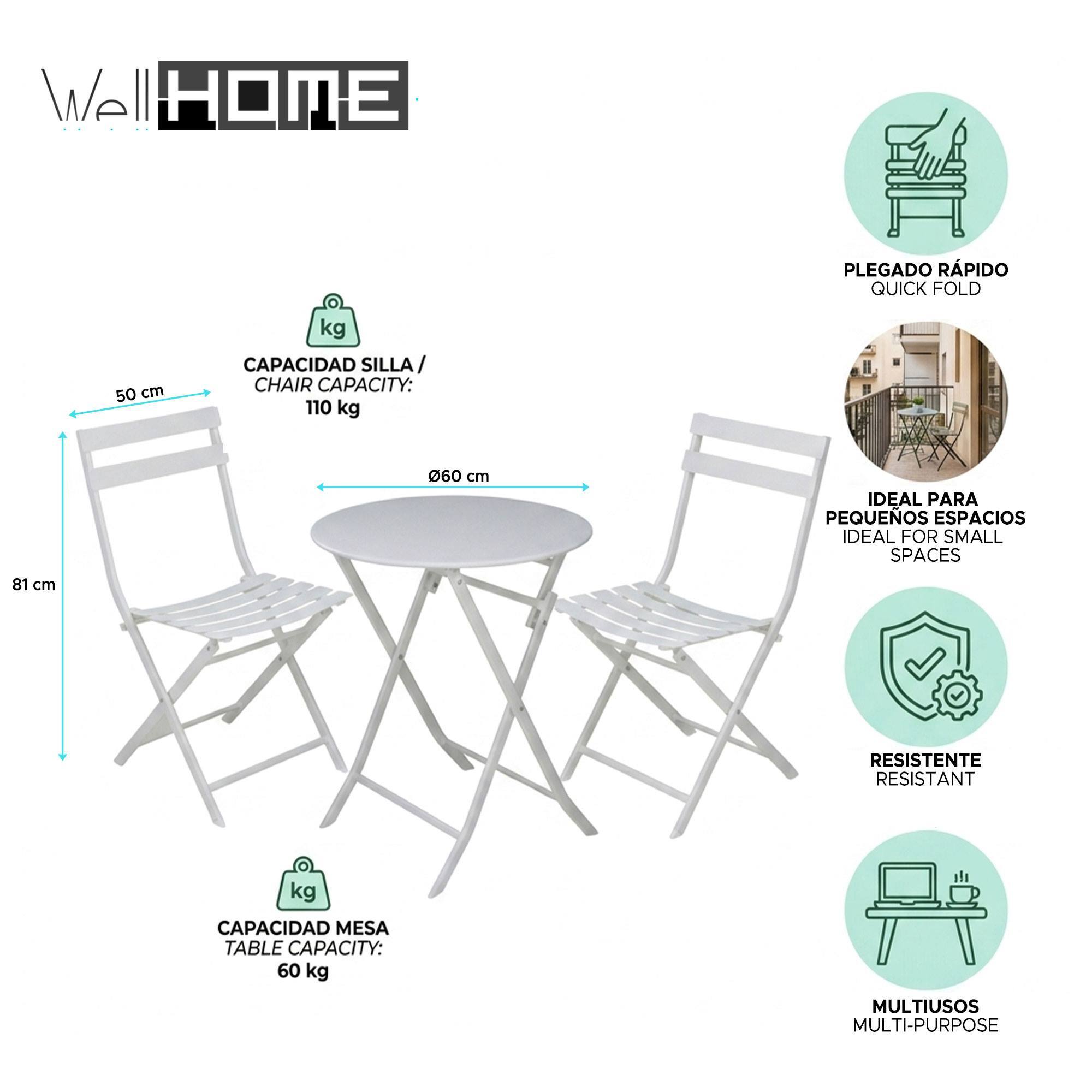 Set bistro plegable de 3 piezas (mesa 60cm + 2 sillas) en acero y blanco mate, compacto para balcón