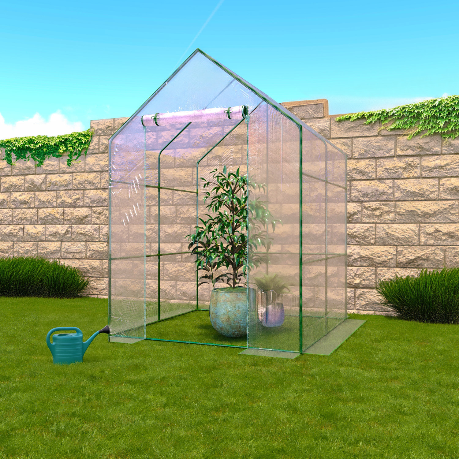 Serra Per Orto Giardino Terrazzo Balcone Senza Ripiani Struttura Metallo Verniciato Telo Trasparente In PVC Con Porta Avvolgibile 140x140x195 Cm