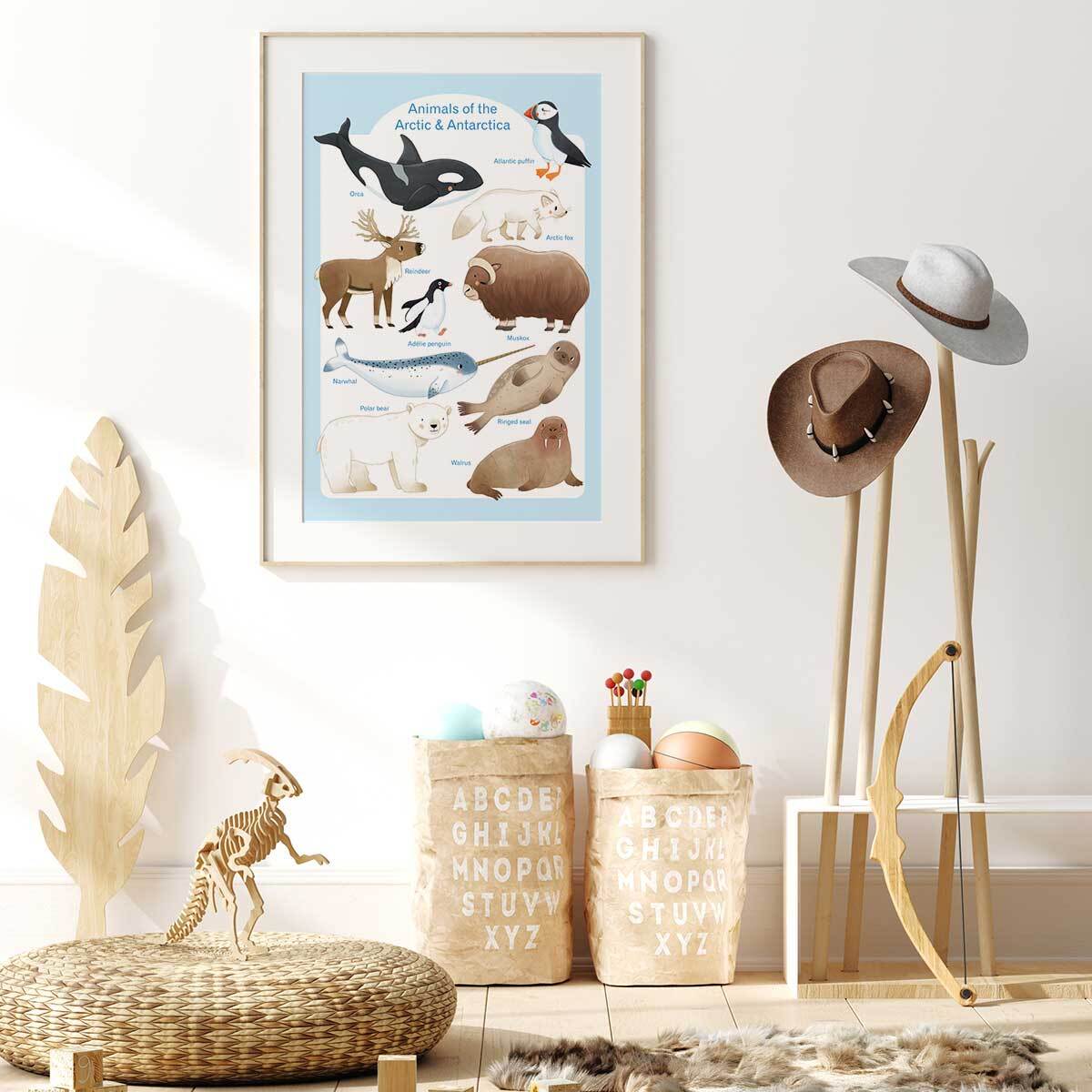 Affiche enfant animaux polaires  Affiche + cadre en bois - Chêne