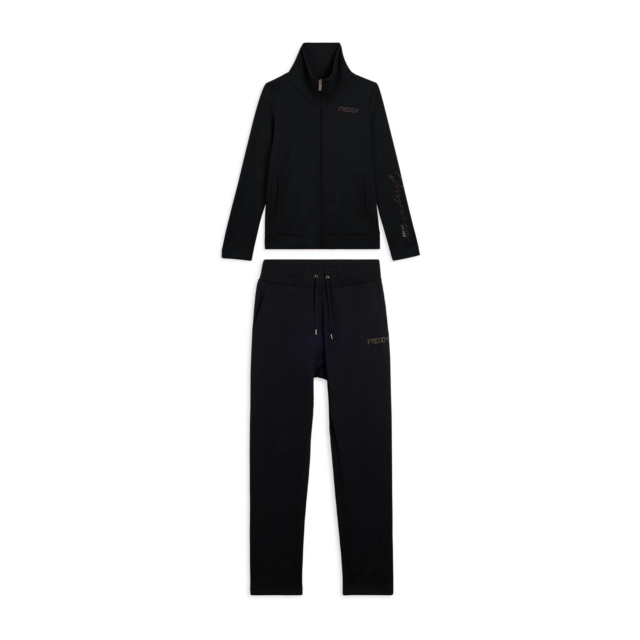 Tuta sportiva collo alto con scritta in strass