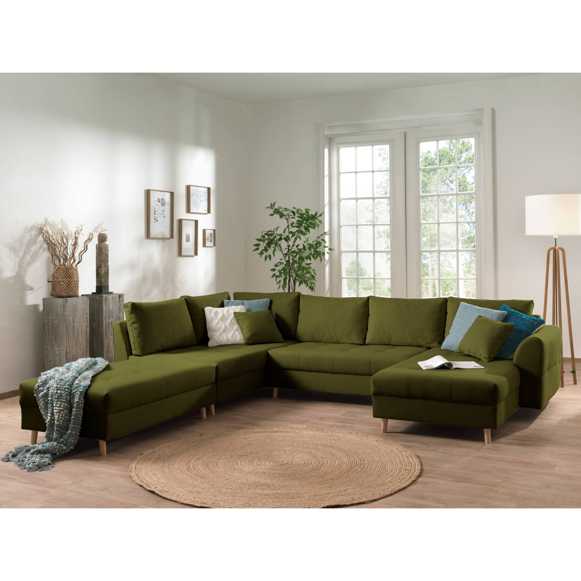 Rune - canapé panoramique avec pouf d'appoint - 7 places - style scandinave - gauche - Vert Olive