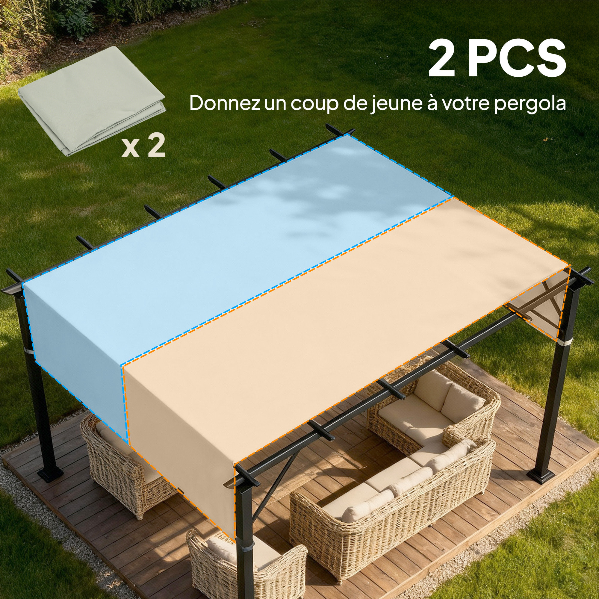 Lot de 2 toiles de rechange pergola rétractable 3 x 3 m polyester anti-UV30+ gris clair