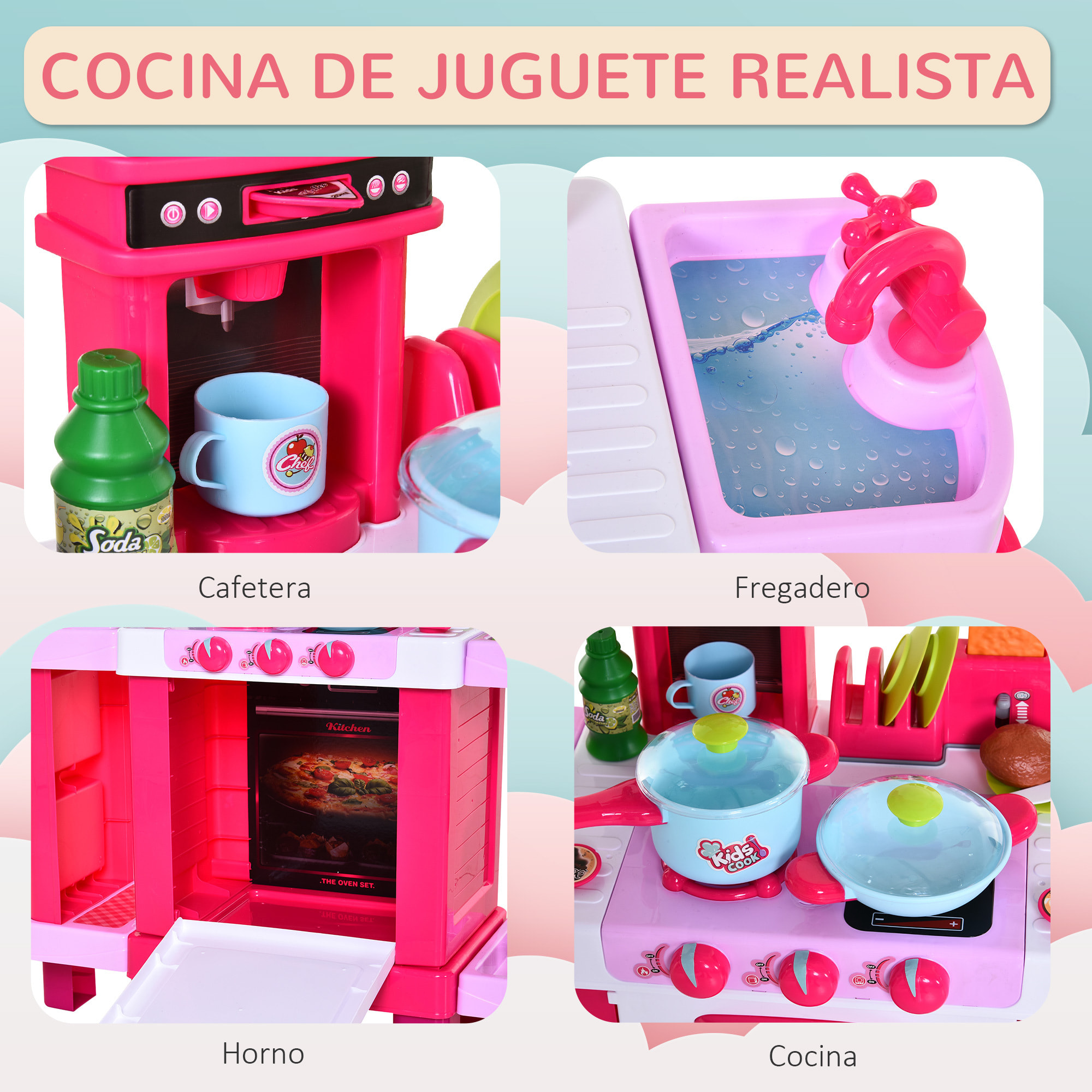 Set de Juguetes de Cocina para Niños con 38 Piezas Rosa