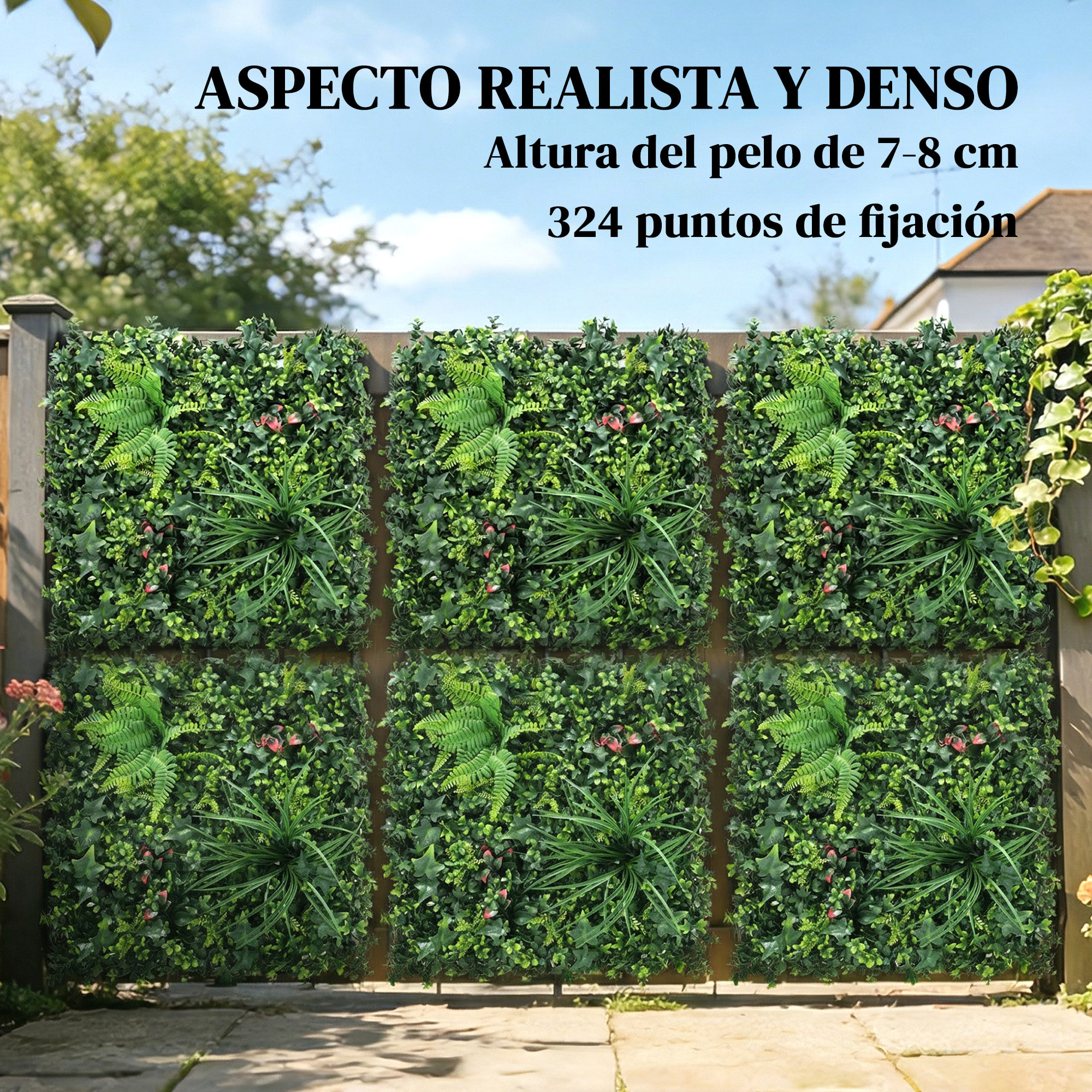 Set de 6 Setos Artificiales Ocultación Jardín, 50x50 cm, Pantallas de Valla de Privacidad Tipo Milán, Fácil Montaje, Anti-UV, para Terraza, Balcón, Exterior, Decoración de Hojas, Verde