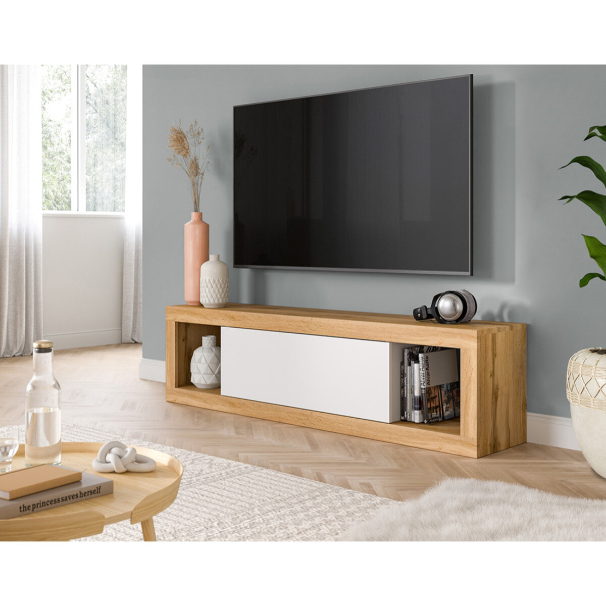 Ethan – meuble tv – 1 porte – bois et blanc - 150 cm - Bois / Blanc