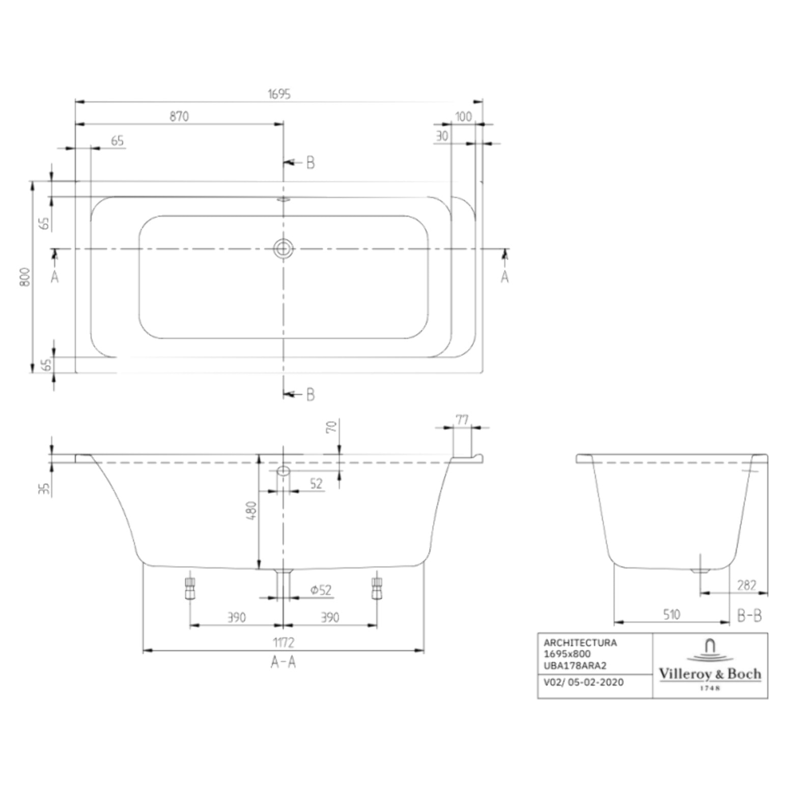 Baignoire droite VILLEROY & BOCH Architectura acrylique 170 x 80 cm  + Pare bain gauche AURYS Raywall Noir mat