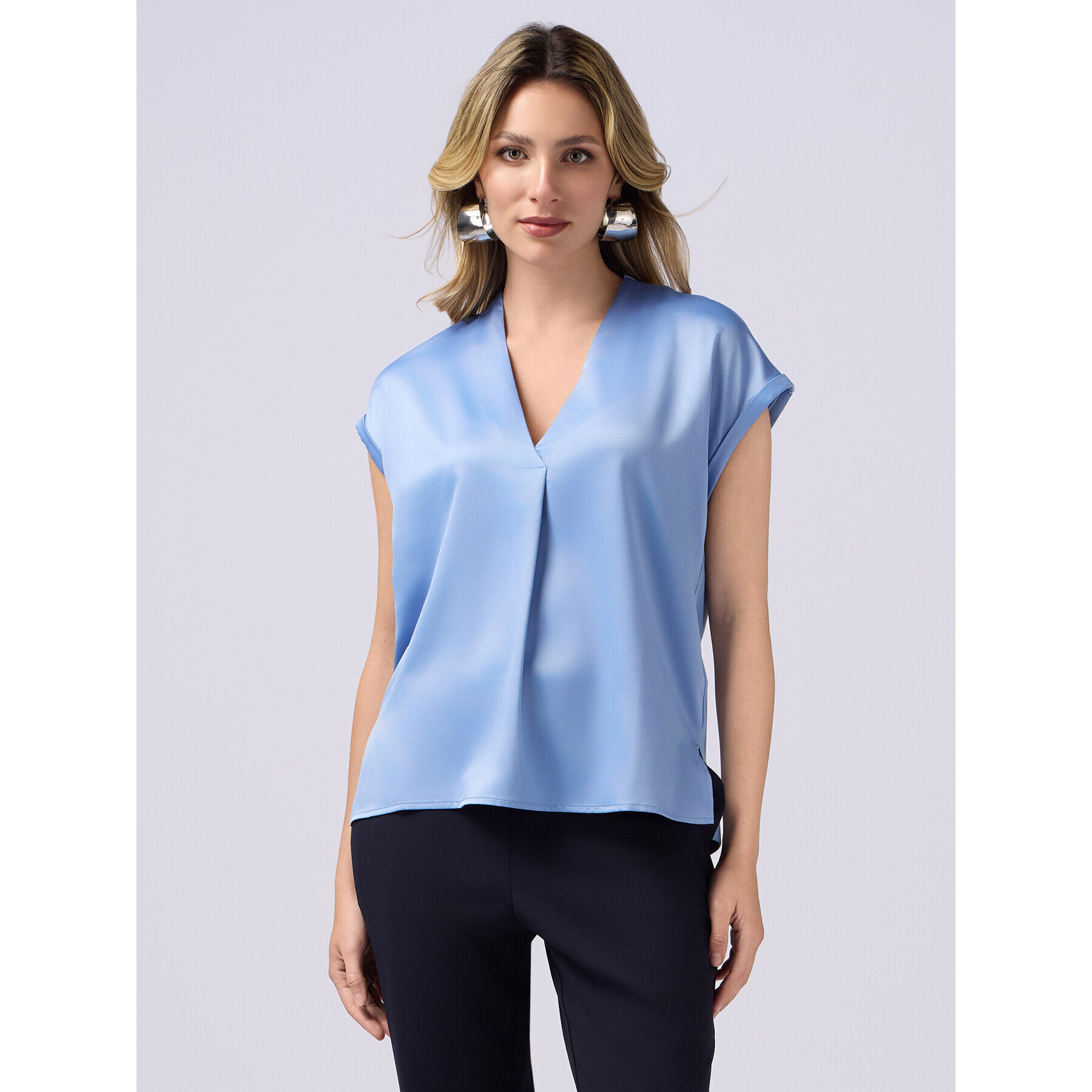 Oltre - Camiseta bimateria con cuello de pico - Light - blue